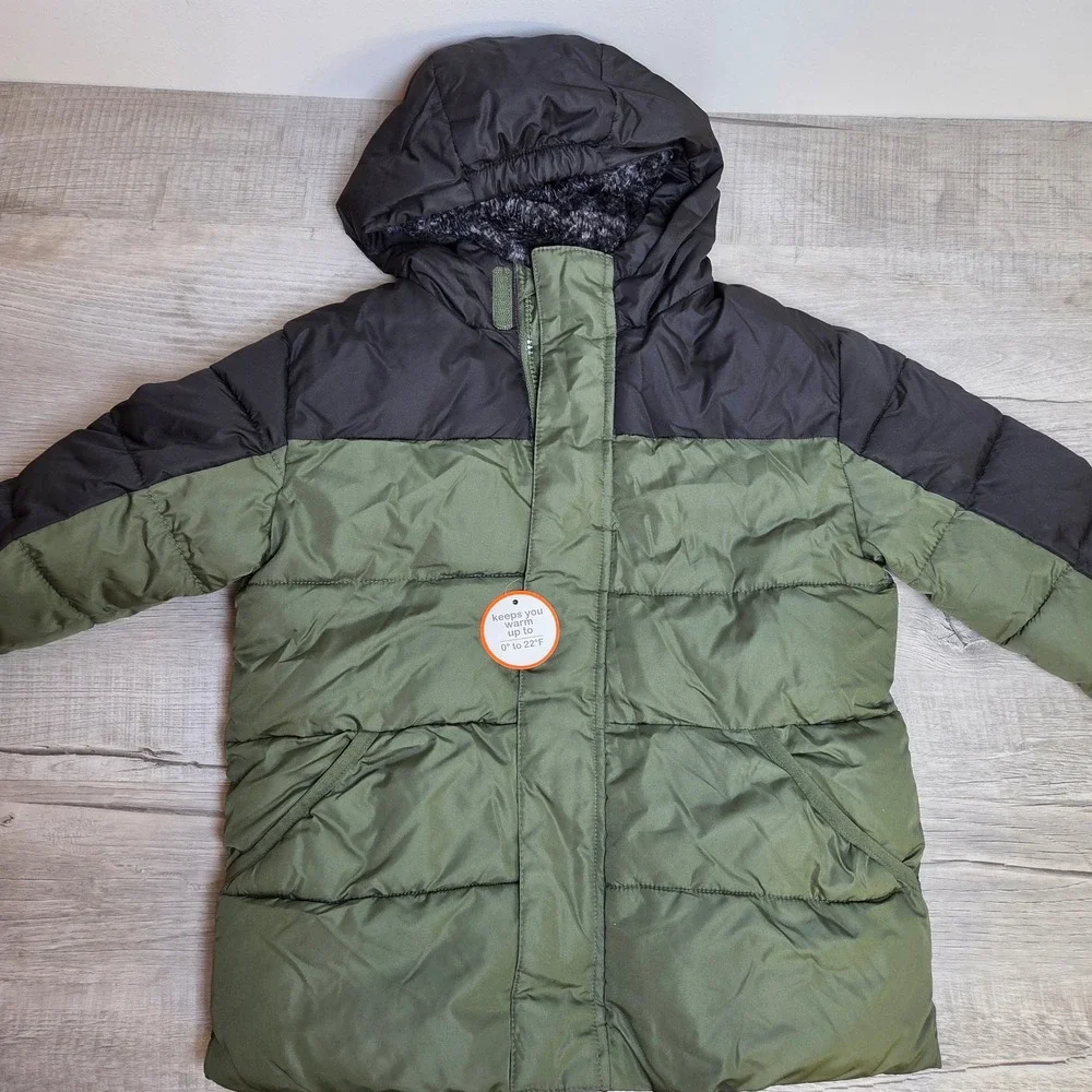 Wonder Nation Boys Green Black Bubble Jacket XS XCH 4 5 Water Resistant Hooded